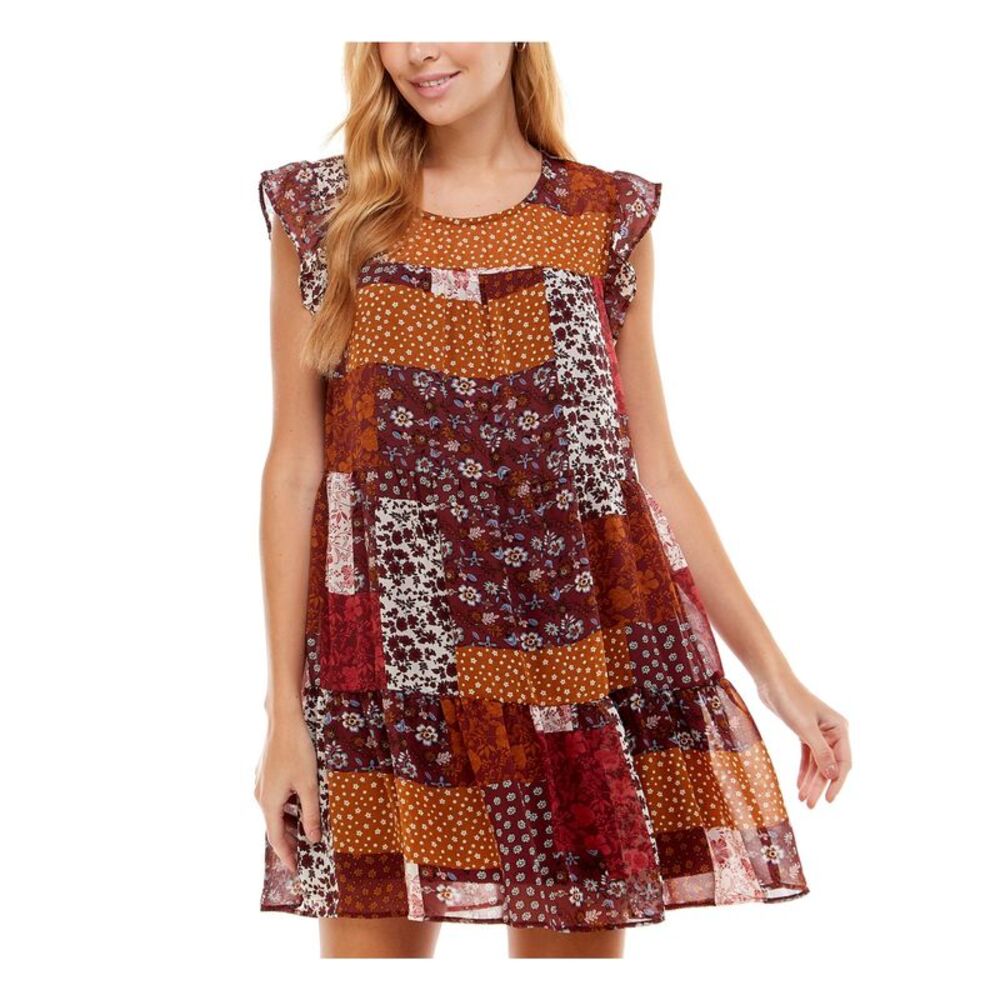 CRYSTAL DOLLS Womens Burgundy Back Lined Flutter Sleeve Mini Dress XS
